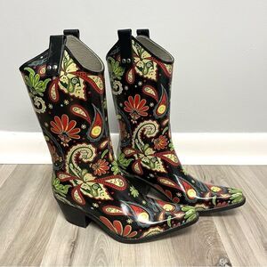 Nomad Rain Boots Women’s 7 Paisley Print Pointed Toe Heeled Cowboy